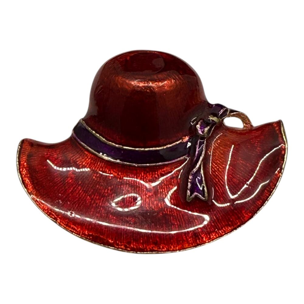 Vintage Red Hat Society Brooch Goldtone Red Purple Enamel Pin